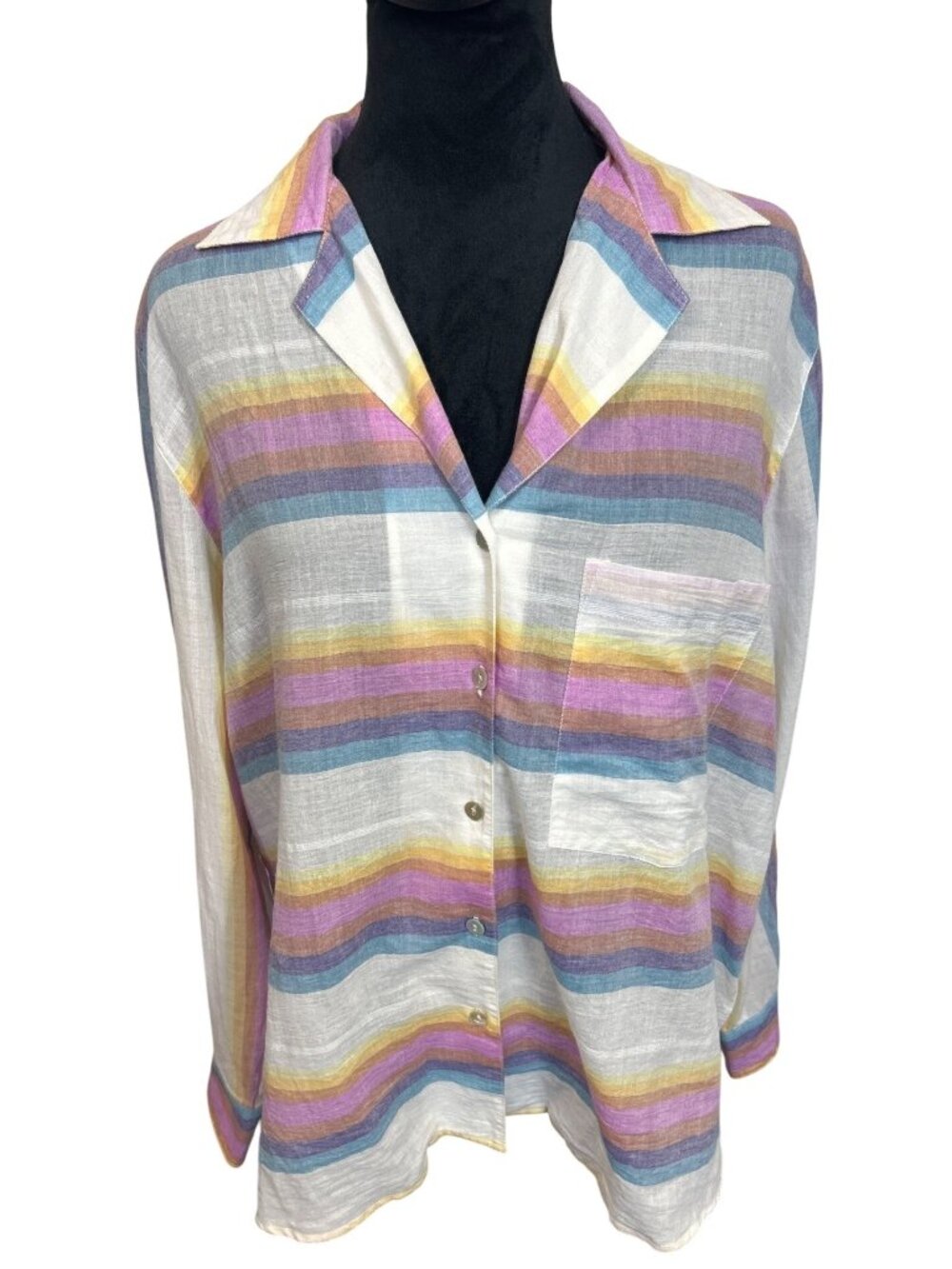 Alix of Bohemia Women's M Pastel Striped Semi Sheer Blouse Coastal Relaxed